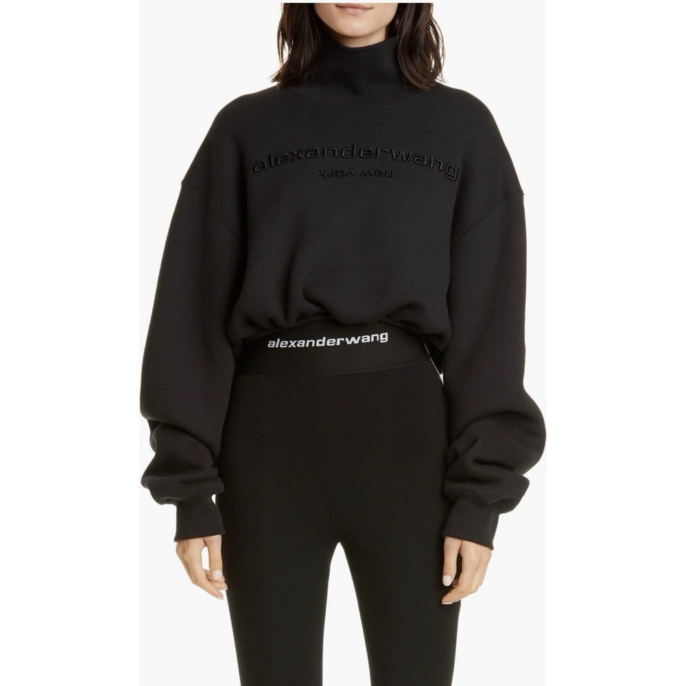 Alexander Wang black cotton cropped mock neck sweatshirt Womens Size Large